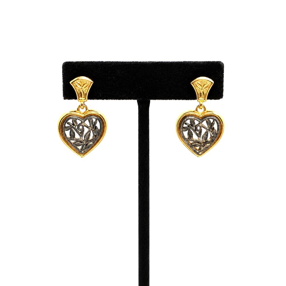 VINTAGE HEART EARRINGS Danecraft Filigree Two Tone Pierced Dangle Drop